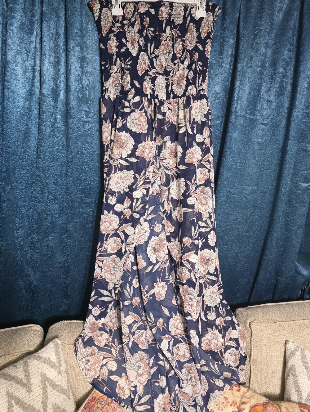 VENUS Navy Floral Maxi Dress Sheer Cover Up with Blush and White Accents